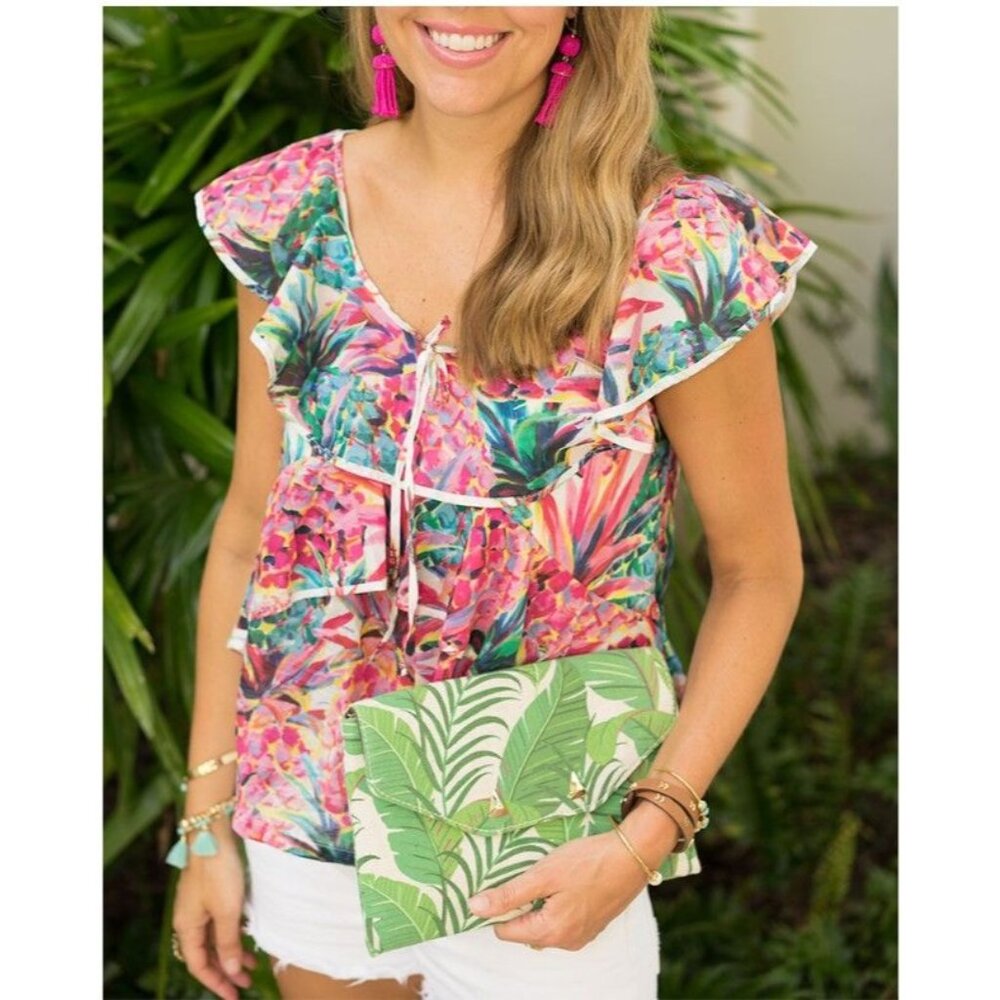 J.Crew Blouse Womens 12 Tropical Pineapple Print Ruffled Sleeveless Cotton